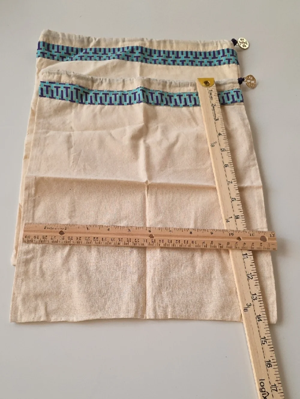 Tory Burch‎ Canvas Drawstring Dust Bags with Blue Geometric Trim. (2)